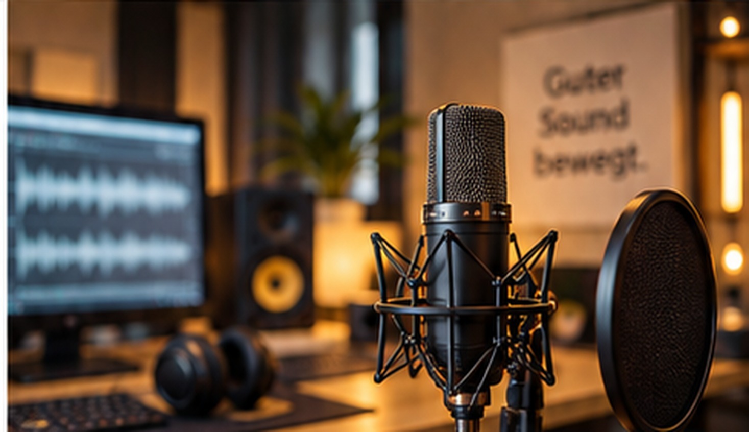 Professionelles Studiomikrofon vor einer Audio-Workstation